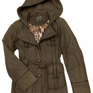 BASIC Women Jacket W Hood Belted Mid Length Brown sz 2